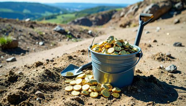 金を掘るイメージ 金塊と金属探知機 金を掘るイメージ 金塊と金属探知機の写真