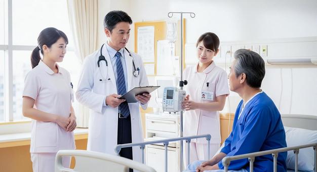 医師と看護師:病室で男性患者を診察 医師と看護師:病室で男性患者を診察の写真