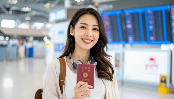 空港でパスポートを持つ旅行中の日本人女性の写真