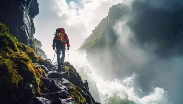 山道を歩く登山家の後姿のシルエット 山道を歩く登山家の後姿のシルエットの写真