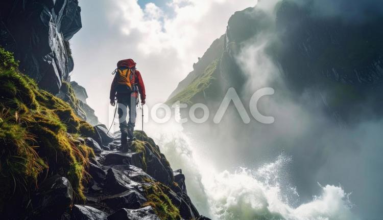 山道を歩く登山家の後姿のシルエット 山,登山,登山家の写真素材
