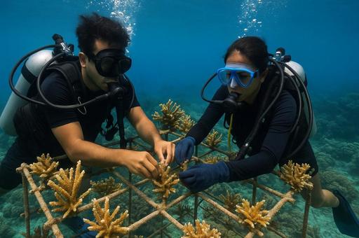サンゴ移植作業の人物の写真