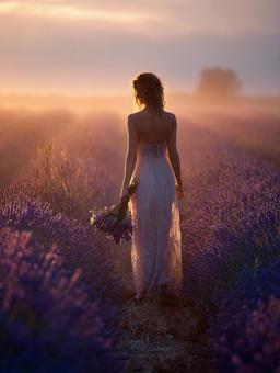 美しい夕日の中ドレスで花畑を散策する女性 美しい夕日の中ドレスで花畑を散策する女性の写真