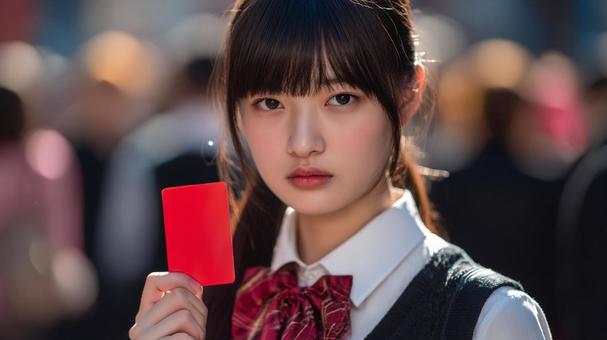 人混みレッドカードを掲げる女子高生3の写真