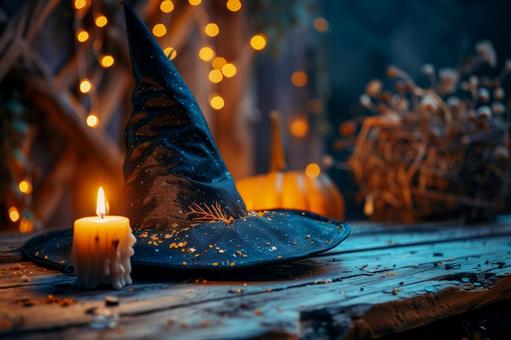 ハロウィン魔女の帽子と蝋燭の写真