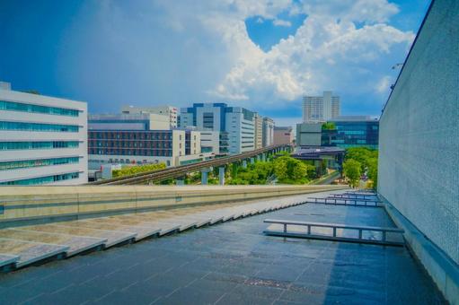 立川市のビルとモノレール ビル,建物,立川市の写真素材