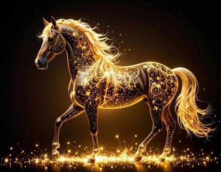 金色に輝く馬と流れるたてがみの幻想的な光 金色に輝く馬と流れるたてがみの幻想的な光の写真