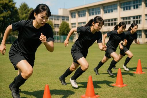 ランニングドリルをする女子チーム ランニングドリルをする女子チームの写真
