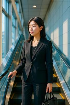 エスカレーターで移動する女性 エスカレーターで移動する女性の写真