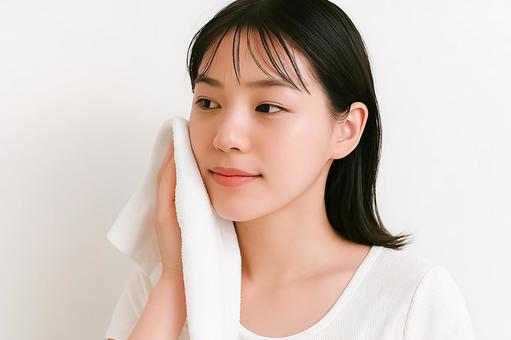 タオルで顔を拭く女性 タオルで顔を拭く女性の写真