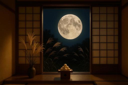 書院造の窓から見える満月とススキ 書院造の窓から見える満月とススキの写真