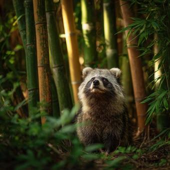 竹林に佇むタヌキの可愛い姿 竹林に佇むタヌキの可愛い姿の写真
