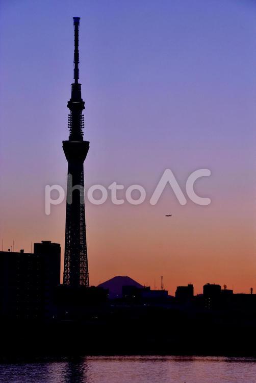 スカイツリー・富士山・飛行機の夕景 スカイツリー,タワー,東京の写真素材