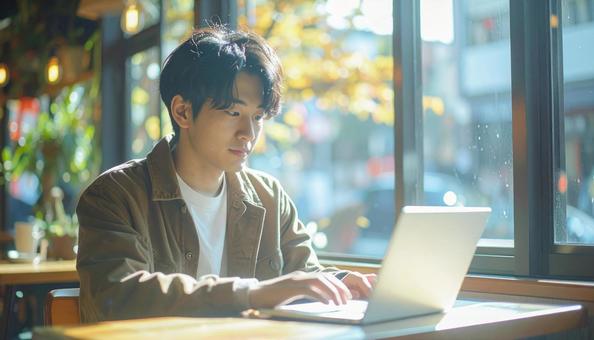 カフェでノートパソコンを使う日本人男性 カフェでノートパソコンを使う日本人男性の写真