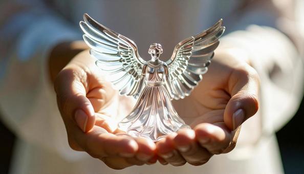 ガラスの天使像を持つ日本人女性の手の写真