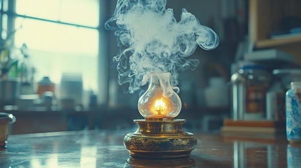 A thin layer of smoke drifting from an antique lamp, smoke, lamp, brass, JPG
