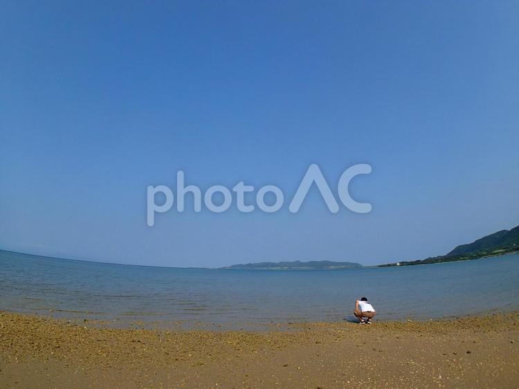 海と空と貝殻を拾う人 海,男性,空の写真素材