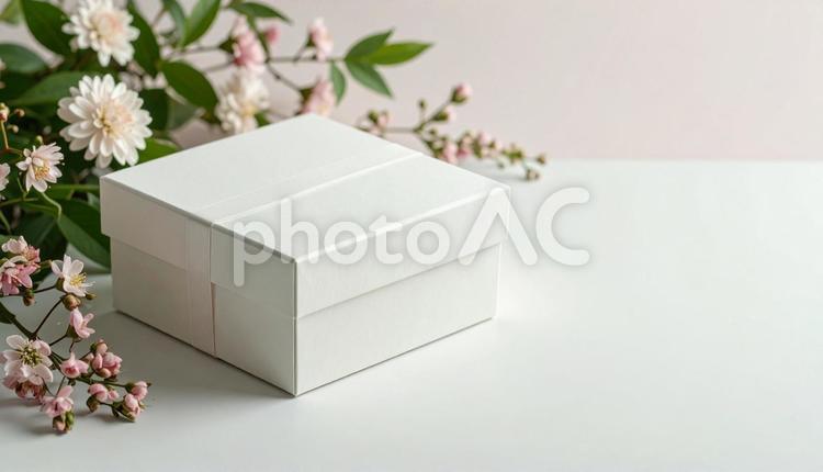 白いシンプルな箱　コピースペース 箱,花,コピースペースの写真素材