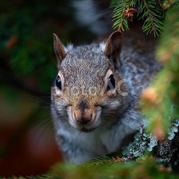 自然の中で見つけた：枝の陰から覗くリス リス,動物,野生動物の写真素材
