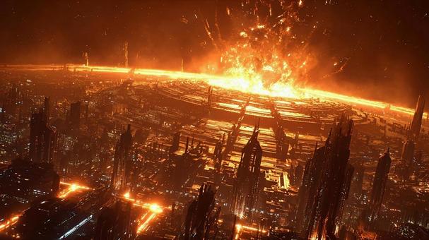 隕石衝突で燃える未来都市の写真