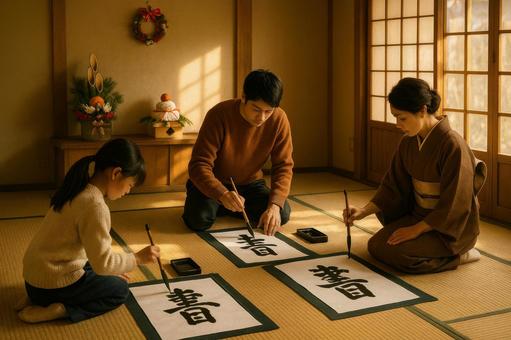 書き初めをする新年の風景 書き初めをする新年の風景の写真