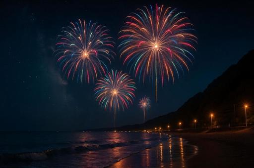 夏の夜を照らす海辺の花火の写真