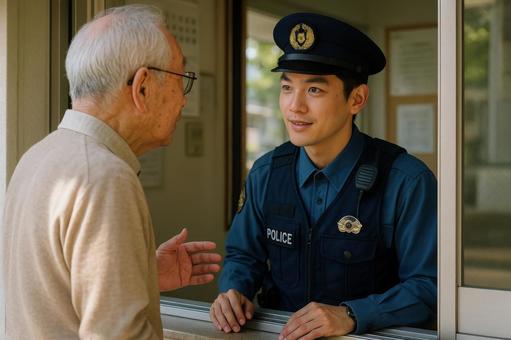 交番で相談する高齢者と警察官 交番で相談する高齢者と警察官の写真
