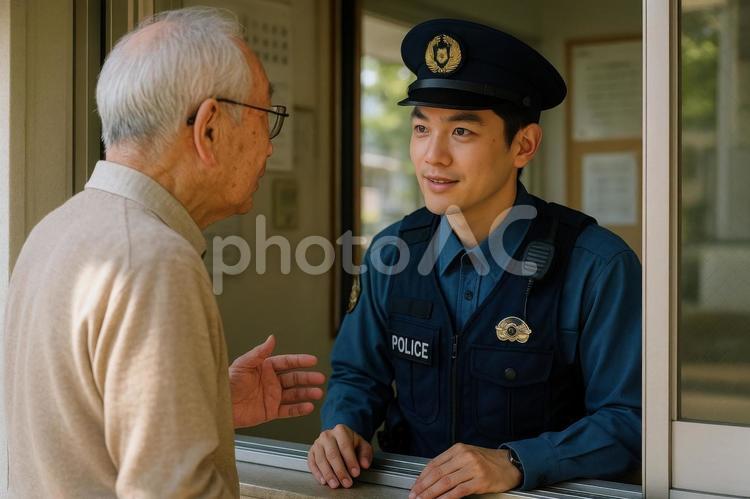 交番で相談する高齢者と警察官 警察官,日本,高齢者の写真素材