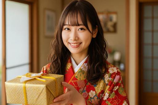 赤い着物の女性が贈り物を差し出すシーンの写真