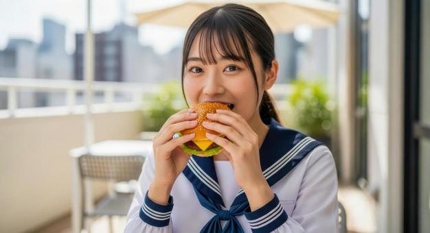 制服姿の女子高校生がハンバーガー食べるの写真