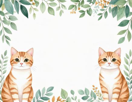 茶猫と植物のフレーム 茶猫と植物のフレームの写真