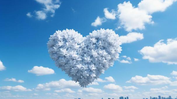 花が集まってハート型になった雲が浮かぶ空 花が集まってハート型になった雲が浮かぶ空の写真