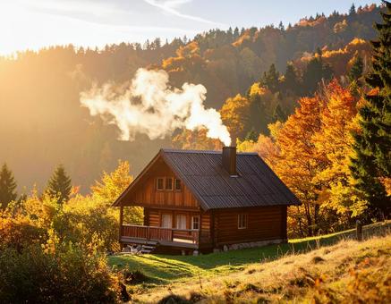 秋色に染まった山の中に建っている山小屋1 秋色に染まった山の中に建っている山小屋1の写真