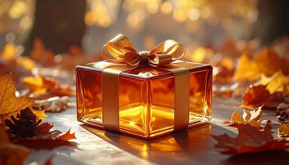 紅葉に囲まれたガラスのギフトボックス 紅葉に囲まれたガラスのギフトボックスの写真
