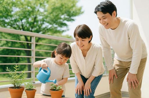 ベランダで小さな鉢植えに水をあげる子ども ベランダで小さな鉢植えに水をあげる子どもの写真