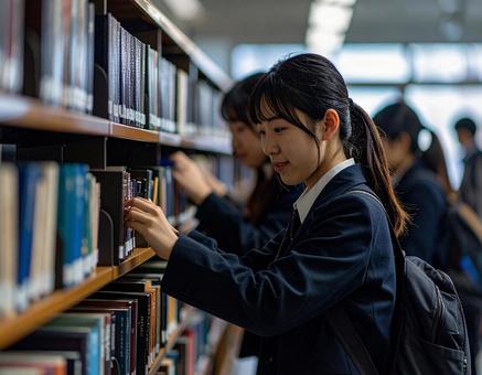 図書館で本を選ぶ女子高生 図書館で本を選ぶ女子高生の写真