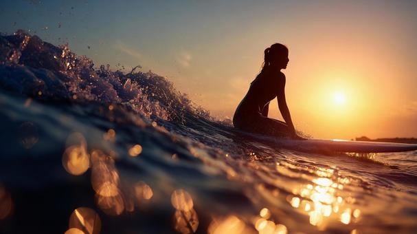 夕暮れの海で最後の波に乗るサーファー女性 夕暮れの海で最後の波に乗るサーファー女性の写真