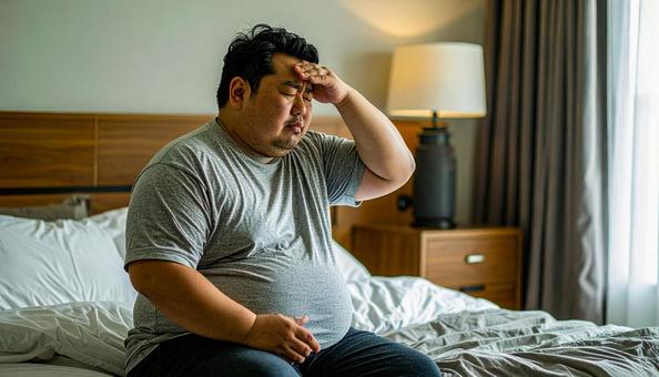 肥満で疲れやすく、額に手をやる男性 肥満で疲れやすく、額に手をやる男性の写真