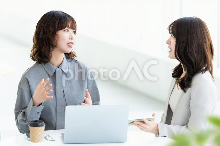 ミーティングをする2人のビジネスウーマン 女性,ビジネス,笑顔の写真素材