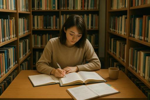 図書館で勉強する女性 図書館で勉強する女性の写真