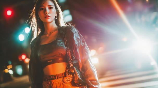 夜の街を歩くおしゃれな女性 夜の街を歩くおしゃれな女性の写真