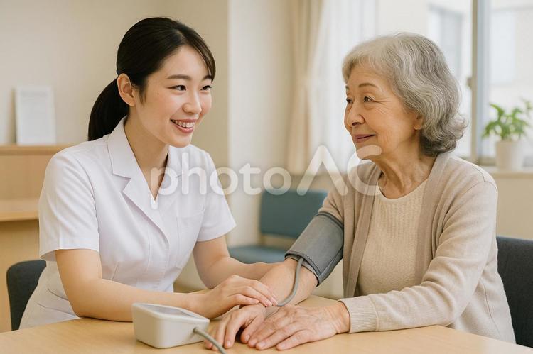 看護師と高齢者の血圧測定 看護師,高齢者,血圧測定の写真素材