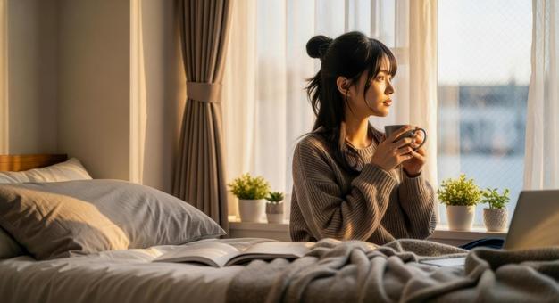 窓辺でコーヒーを飲む女性の写真 窓辺でコーヒーを飲む女性の写真の写真
