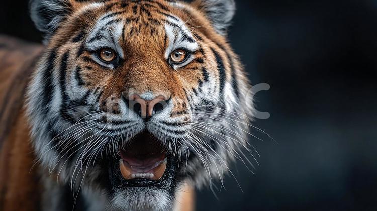 大迫力！闇に浮かび上がるトラの表情 トラ,虎,動物の写真素材