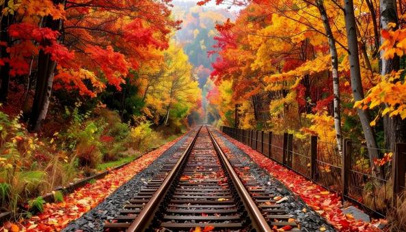 秋の紅葉のトンネルと電車の線路 秋の紅葉のトンネルと電車の線路の写真