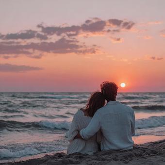 オレンジ色に染まる海辺の二人の写真