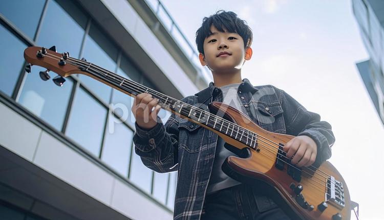 ベースを演奏する若い日本人の男の子 手,音,アジア人の写真素材