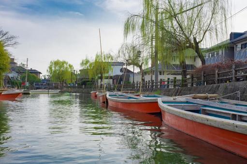 Photo, yanagawa river going down, boatman, moat tour, 