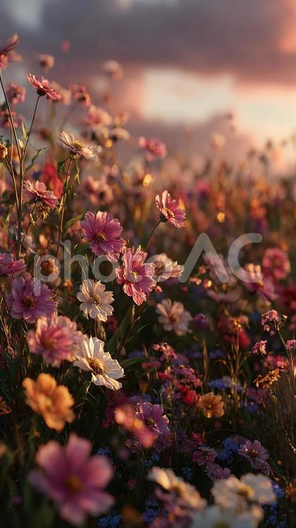 穏やかな夕暮れの光が照らす花畑 花,花畑,草原の写真素材