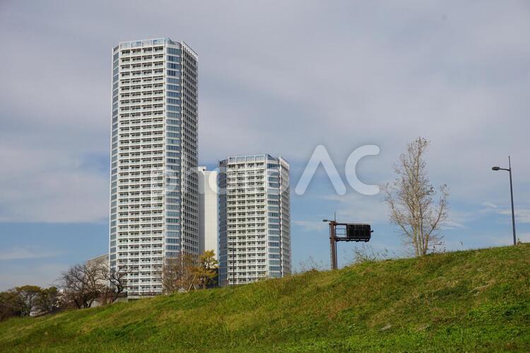 多摩川の土手と二子玉川のマンション 二子玉川駅,二子玉川,タワーマンションの写真素材
